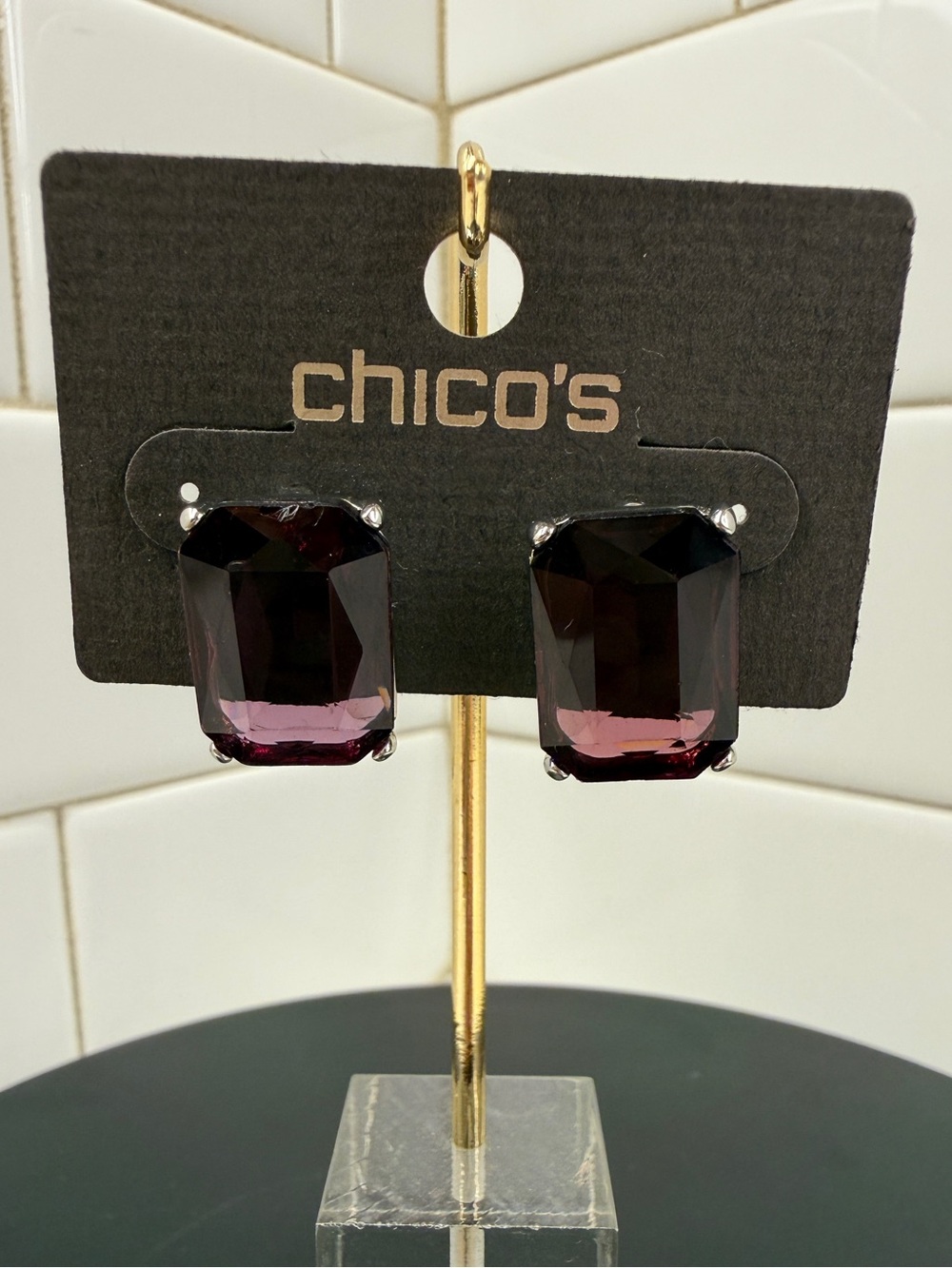 Chico's Dark Amethyst Rectangular Facet Stud Earrings - Deep Purple